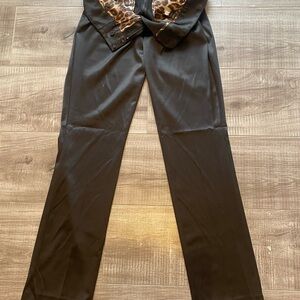 Black Women's Pants with Leopard Print Detail